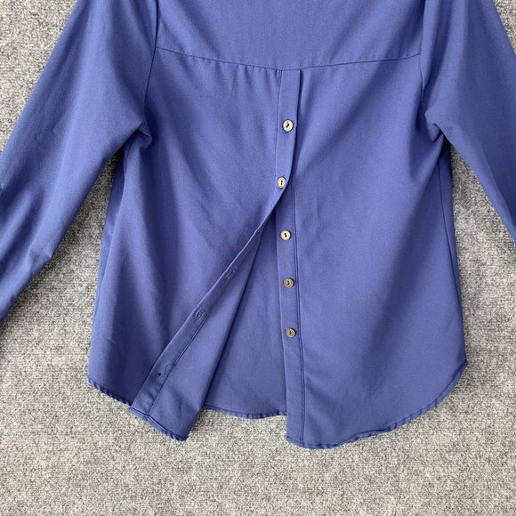Mine Pullover Blouse Sz S Button Flyaway Back Blue Long Tab Roll Sleeves Career - Picture 9 of 12